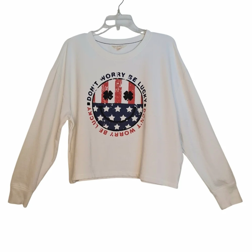 Lucky Brand Don't Worry Be Lucky Cropped Sweatshirt Sz XL